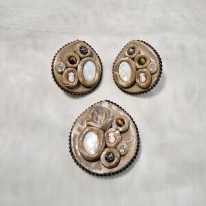 Hand Crafted Beige and White Cluster Brooch and Earrings Set